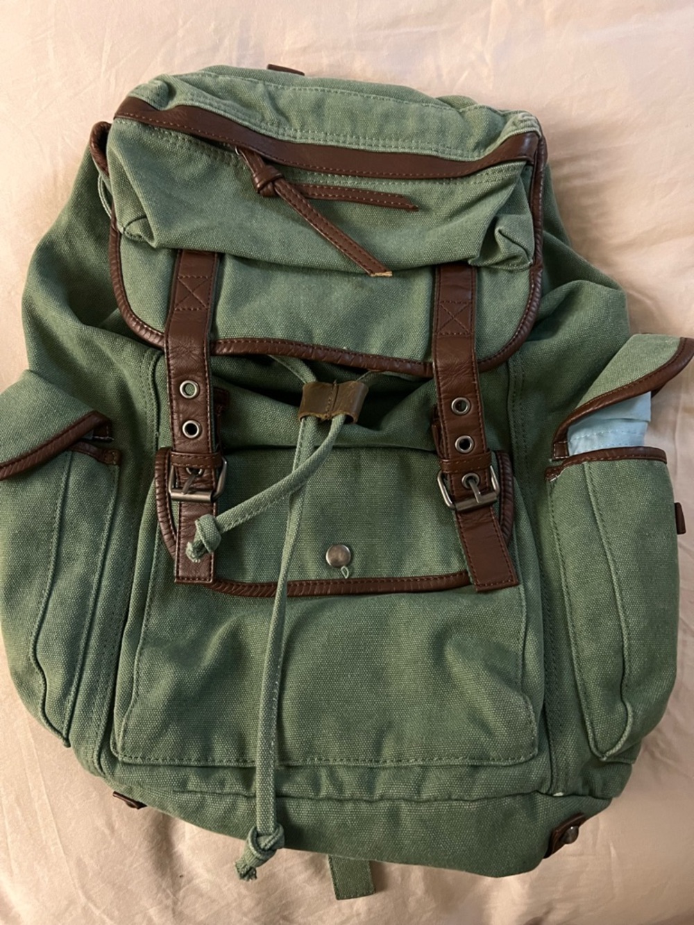 Green Canvas Backpack with Brown Trim - Men Bags Backpacks